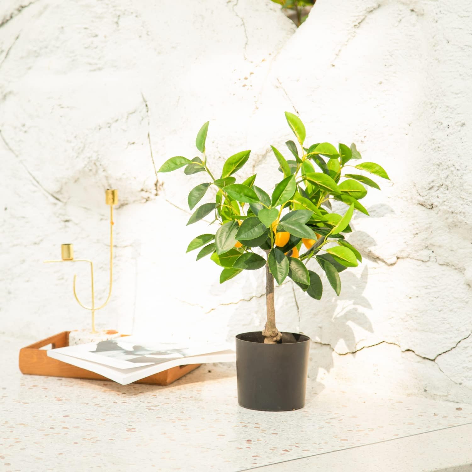 Velener Fake Lemon Tree 19"- Bonsai Tree Indoor with Pot Farmhouse Home Decor Living Room Kitchen Shelf Office Desk Bathroom Table Mini Outdoor Tree Faux Plant Porch Lemon Decor Floor Plant Tall