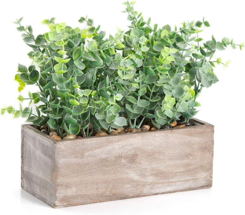 Velener Sage Green Artificial Eucalyptus Plant with Decorative Tray Wooden Box Plant Pot 9"- Farmhouse Spring Decoration, Shelf, Kitchen Home Office, Bathroom, Outdoor