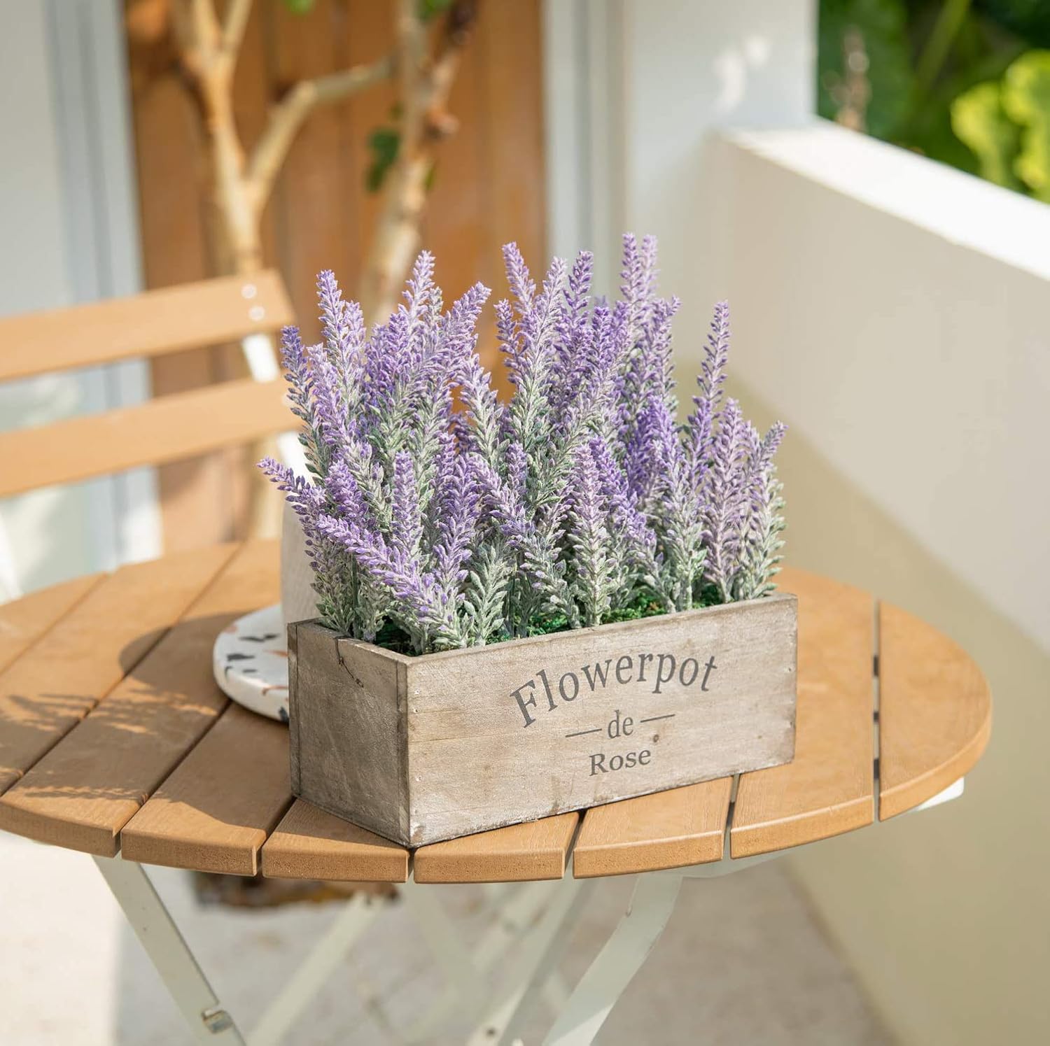 Velener Purple Artificial Lavender Flowers with Decorative Tray Wooden Box 9 Inches - Lifelike Faux Lavender Plants for Home and Office Decor, Fake Lavender Rustic Farmhouse Style