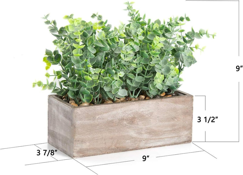 Velener Sage Green Artificial Eucalyptus Plant with Decorative Tray Wooden Box Plant Pot 9"- Farmhouse Spring Decoration, Shelf, Kitchen Home Office, Bathroom, Outdoor