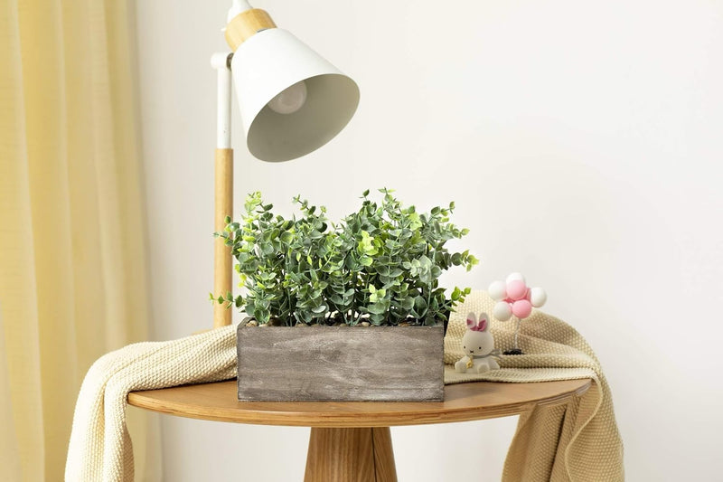 Velener Sage Green Artificial Eucalyptus Plant with Decorative Tray Wooden Box Plant Pot 9"- Farmhouse Spring Decoration, Shelf, Kitchen Home Office, Bathroom, Outdoor