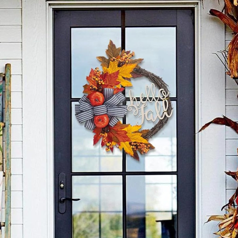 Velener 15 Inch Fall Wreaths for Front Door with Pumpkin & Fall Leaves -Thanksgiving Harvest Front Door Wreath Decor, Farmhouse Outdoor Fall Wreath, Orange Autumn Wreath with Bow for Outside/Indoor